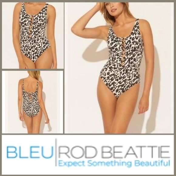 New with tags Bleu Rod Beattie Animal Print Lace Down Twist Front One-Piece Swim - Picture 14 of 15